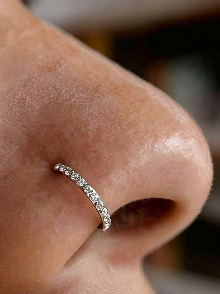 1 Piece Exquisite Stainless Steel Inlaid With Shiny Zirconia Nose Ring, 18K Gold Plated, Closed Hinge Cartilage Spiral Earrings Lip, - Silver - View 1