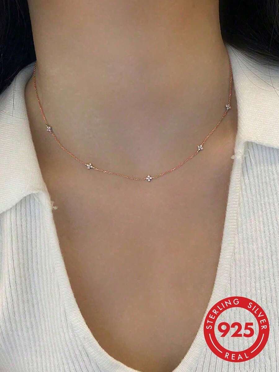 GAGAFEEL 1件簡約S925純銀花朵滿天星鋯石項鍊鎖骨鏈 女士日常佩戴禮物