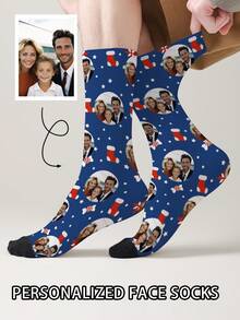 1 Pair Customizable Men's Mid-Calf Socks With Face Pattern, Can Print Any Face On Socks, Personalized Photo Socks, Fun Customized Image Mid-Calf Socks, Suitable For Valentine's Day, Birthday, Gift, Halloween And Other Occasions, Personalized Christmas - Multicolor - View 9