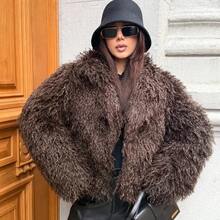 OFTBUY Solid Color Faux Fur Long Sleeve Loose Fit Notch Lapel Short Jacket For Women, Casual Streetwear, Autumn/Winter - Coffee 03 - View 2