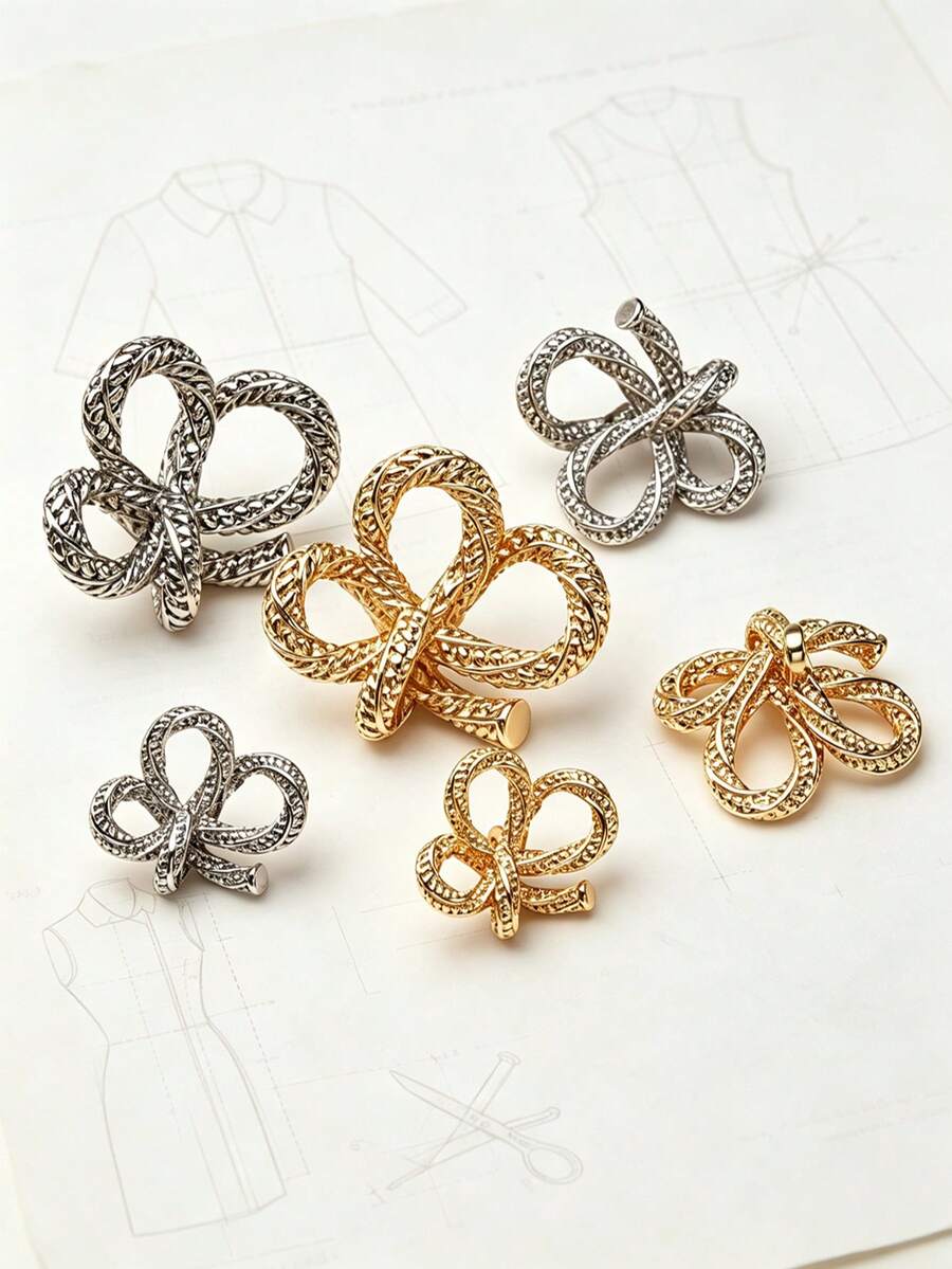 6pcs French Textured Woven Bow Metal Buckle, Gold & Silver Dual Color Detachable Decorative Buckle For Trench Coat, Cardigan, Sweater, DIY Accessories