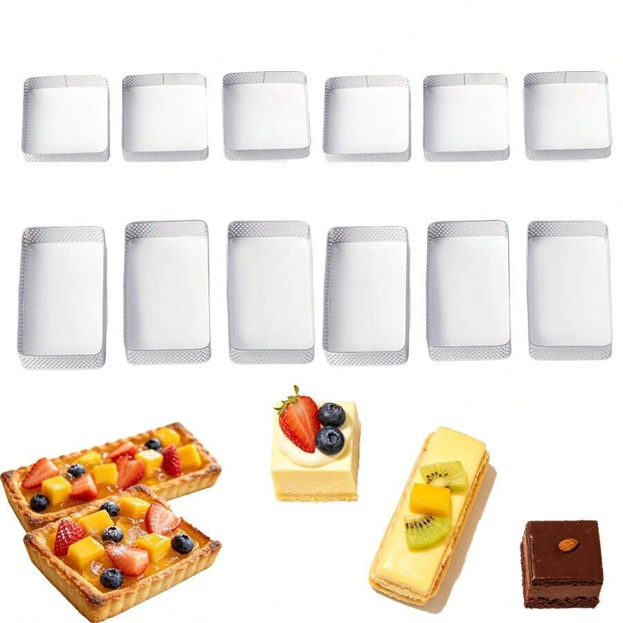 6/12pcs Square & Rectangular Stainless Steel Perforated Tart Rings, Long Rectangular Tart Molds, Breathable Multi-Hole Tart Rings For Homemade Fruit Tart, Cheese Pie, Cake Molds, Home Baking DIY Dessert Tools, Pastry Shaping Tart Ring Set, Professional Dessert Making Tools - View 1