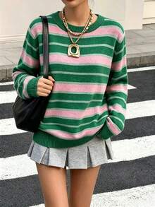 Women's Fashion Autumn/Winter Loose Casual Knit Pullover, Colorblock Striped Long Sleeve Sweater, Create Autumn Look, New Autumn/Winter Style Fall - Green - View 7