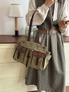 Tote Bag With Multiple Pockets And Buckle Decor, Layered Design With Partitioned Storage For Organized Personal Items, Handheld Style With Vintage Flair, Spacious And Elegant Silhouette, Suitable For Daily Commute And Outings, Easily Matches Various Outfits For A Casual Vibe - Green - View 5