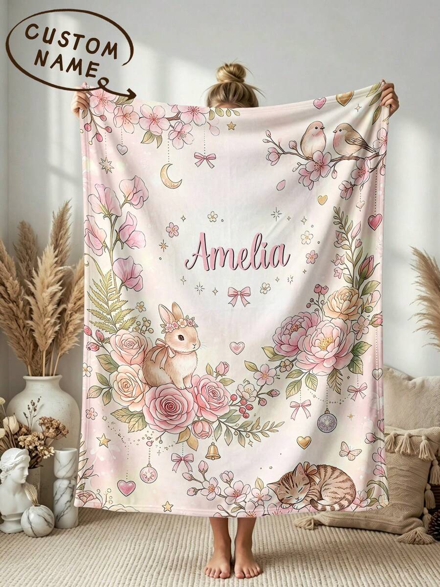 1pc Customized Name Blanket, Personalized Bed Blanket, Dinosaur Personalized Blanket, Can Print Name, Personalized Blanket, Cute Blanket, Comfortable Blanket, Home Gift, Birthday Gift, Christmas Gift, Personalized Gift, Gift For Son/Daughter, Gift For Friend - Style 1 - View 1