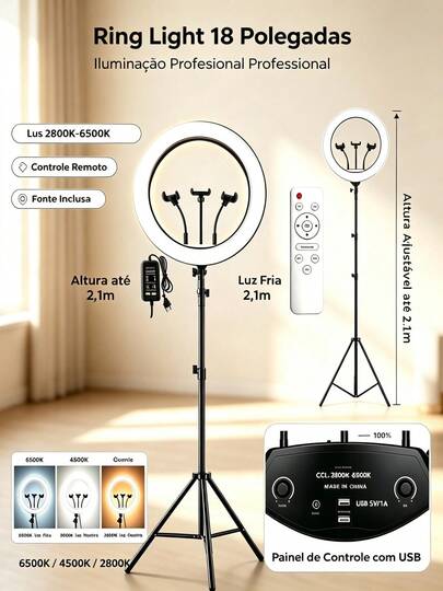 Ring Light LED 18 Polegadas Iluminador de Preenchimento Profissional com Tripé 2,1m, 3 Suportes para Celular, Dimmer Ajustável, Ideal para Maquiagem, Lives, Gravação de Vídeos e Fotografia