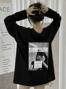 Women's Fashion Autumn/Winter Loose Minimalist Versatile Letter & Cartoon Print Long Sleeve T-Shirt Casual - Black - View 2