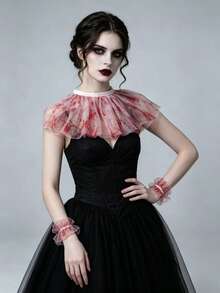 1 Set Blood‑Stain Print Tulle False Collar And Arm Cuffs Set Gothic Mesh Neck Ruff Hand Sleeves For Women Halloween Cosplay Party Accessory Kit - A - View 2