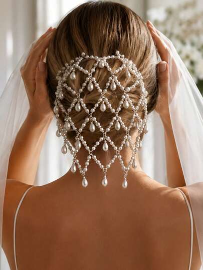 Glamorous Sparkling Pearl Head Chain Hair Accessory, Bridal Wedding Head Jewelry, Fashion Pearl Tassel Hair Chain