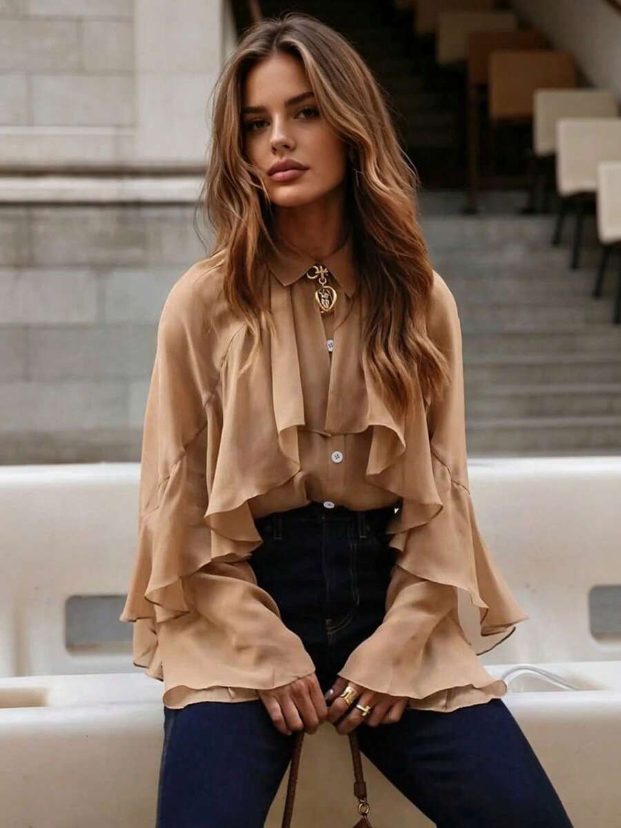 Spring/Autumn Ruffle Trim Chiffon Loose Blouse, Minimalist Date Style, Commute & Daily Wear