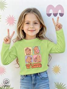 Girls Cotton Raglan Long Sleeve Tee, Fall Winter Top With Cartoon Crown & Flower Animal Print, Sweet Cute Preppy Style - Fruit Green - View 2