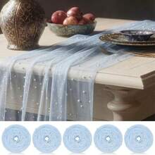 5pcs Pearl Gauze Table Runner 70*200/300cm 27.6*78.7/118.11inch Pearl Transparent Tulle Tablecloth Centerpiece Decor Suitable For Home, Wedding, Birthday Party, Bridal Shower, Baby Shower, Gift Holiday, Restaurant Decoration And Other Decorative Scenes - Blue - View 1