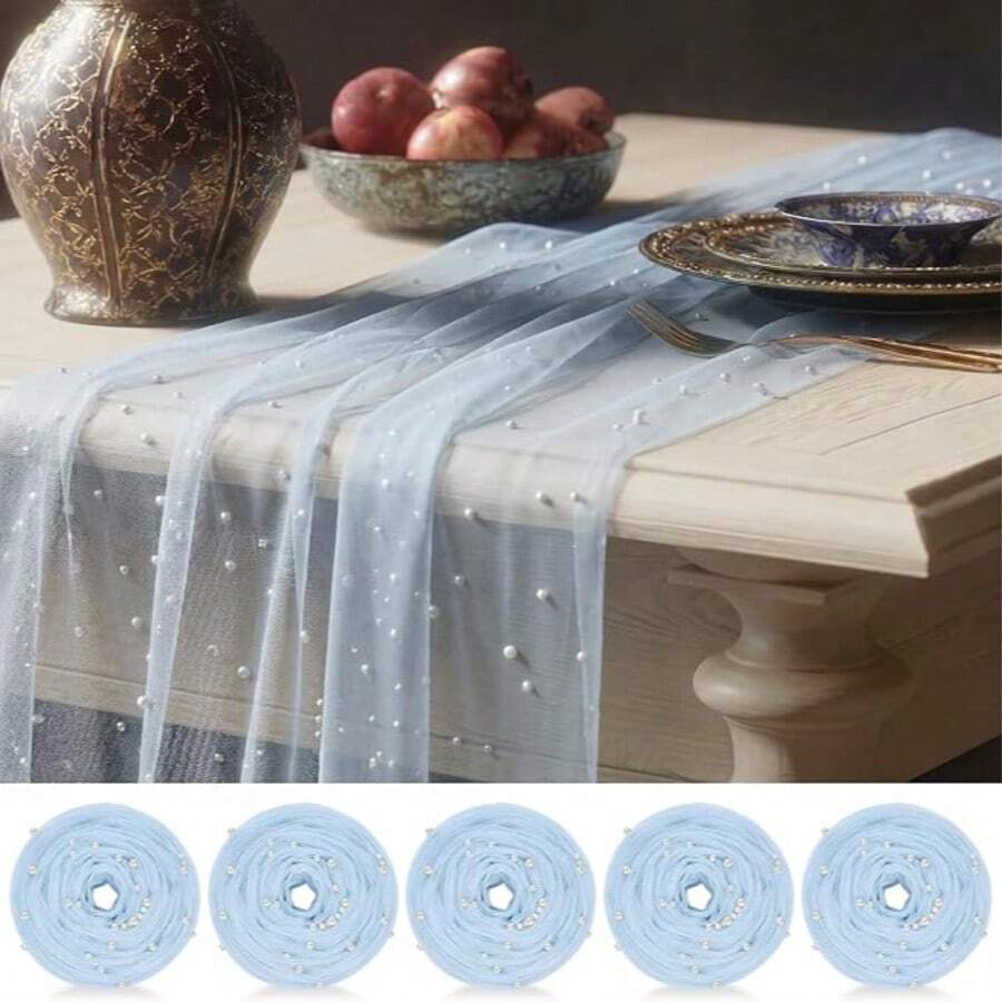 5pcs Pearl Gauze Table Runner 70*200/300cm 27.6*78.7/118.11inch Pearl Transparent Tulle Tablecloth Centerpiece Decor Suitable For Home, Wedding, Birthday Party, Bridal Shower, Baby Shower, Gift Holiday, Restaurant Decoration And Other Decorative Scenes - Blue - View 1