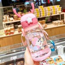 Multi-Color Cute Character Decorative Large Capacity Plastic Belly Water Bottle With Handle And Wearable Shoulder Strap, Anti-Spill Straw Cup, Suitable For Fashion-Oriented Users, Popular Fun Theme Vessel, Applicable For Travel, Housework, Gaming, Sports, Daily Outings - Multicolor - View 12
