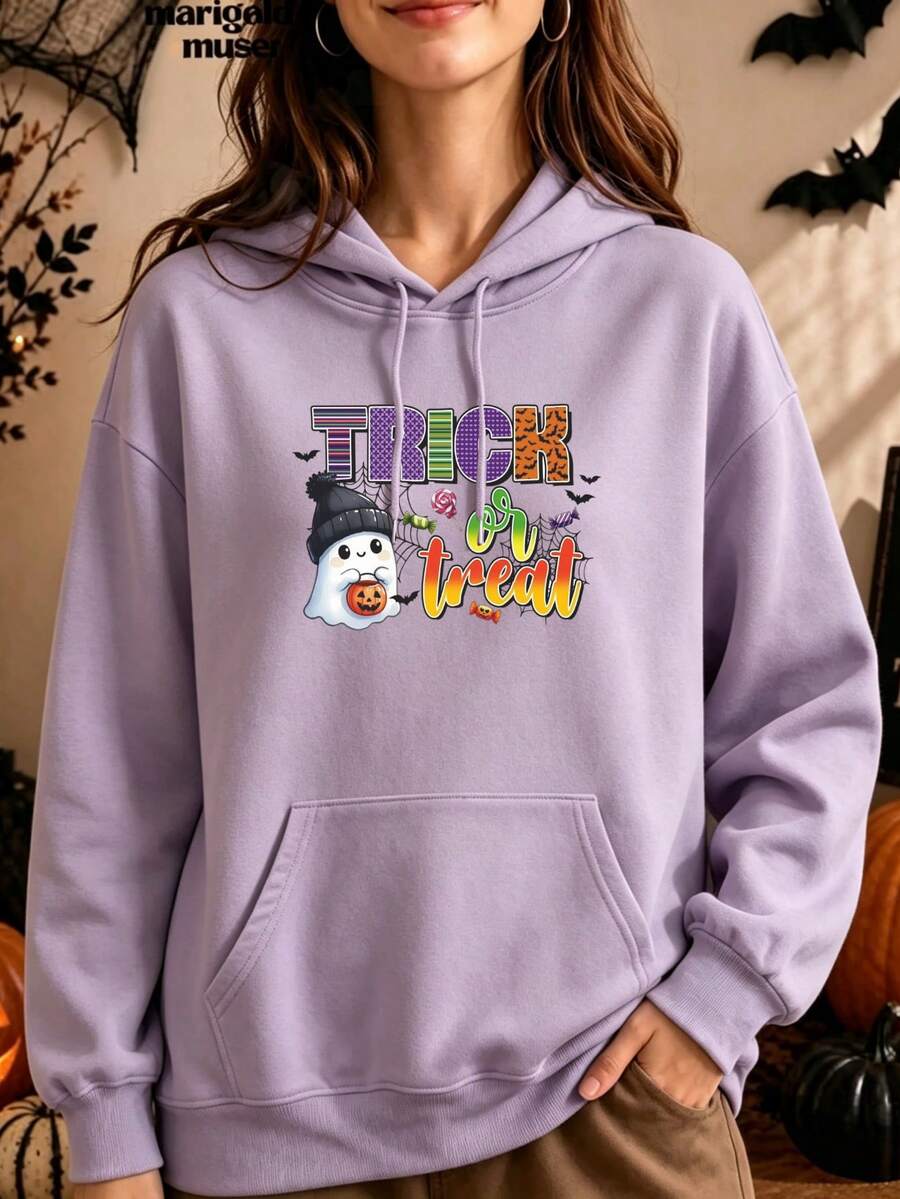1pc Women's Purple Sweatshirt, Knitted Hood With Ghost Print, Pullover Sweatshirt With Kangaroo Pocket, Women's Casual Long Sleeve Sweatshirt - Purple Yam - View 1