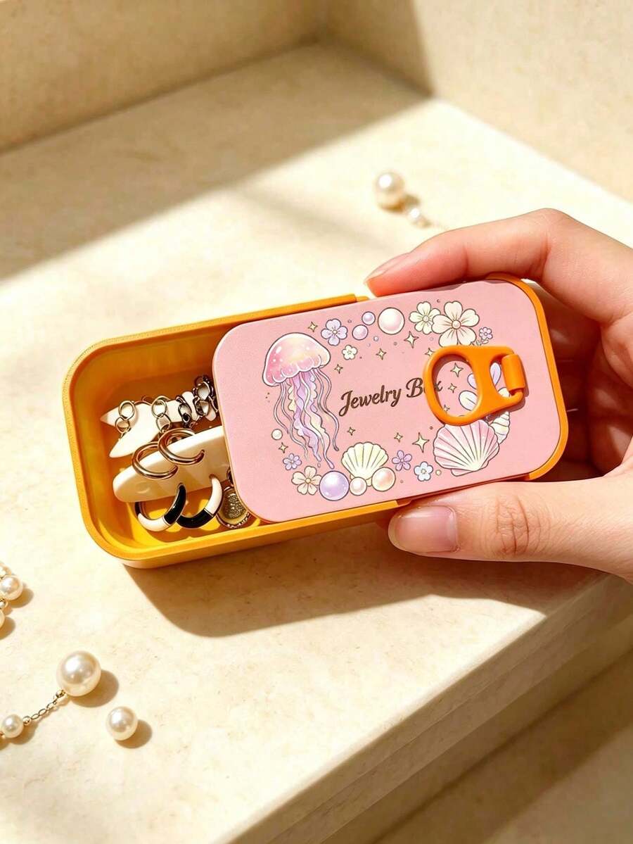 Jewelry Storage Box, Cute Jellyfish & Shell Print Small Accessory Organizer, Portable Travel Mini Jewelry Box With Fishbone Divider And Snap Closure, Compartmentalized Storage For Earrings, Rings, Necklaces, Suitable For Commuting, Short Trips, Dorm Desk, Vanity Organization, Ideal For Delicate Girls, Students, Jewelry Lovers, Qixi Festival, Birthday, Best Friend Gift, Portable Earring Box, Mini Jewelry Organizer, Cartoon Fishbone Jewelry Box, Travel Small Jewelry Storage Box