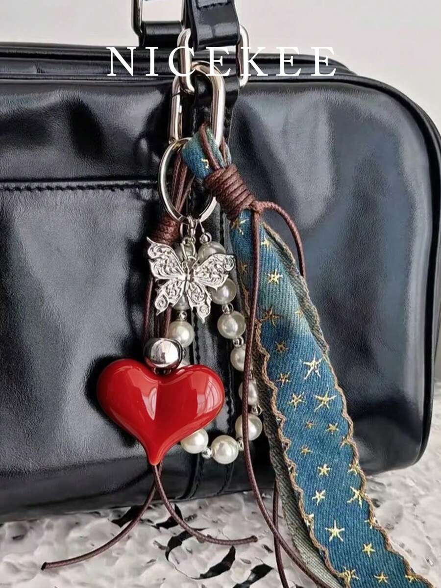 Simple Stylish Cute Bag Pendant, Heart-Shaped Decoration With Silver Bead Bow, Suitable For Daily Matching And Gift Giving As Bag Pendant Keychain - Red - View 1