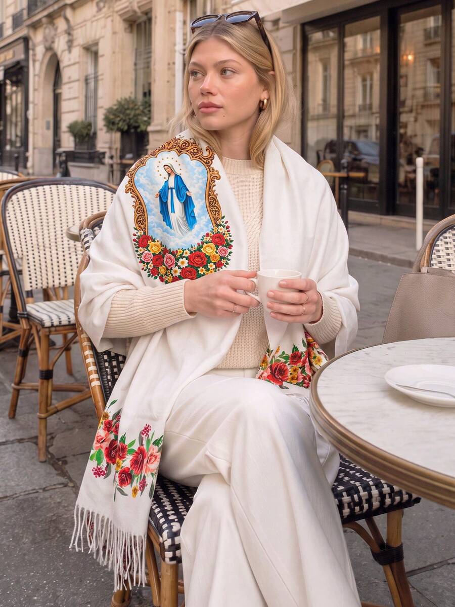 1pc Women's Rose Print Tassel Shawl With Virgin Mary Pattern, Suitable For Daily Wear - White - View 1