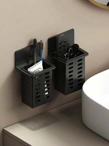 3/2/1pc Wall-Mounted Storage Rack, No Drilling Required, Bathroom Cosmetic Storage Rack, Comb And Makeup Brush Holder, Can Store Toothbrush, Toothpaste, Comb, Razor, Remote Control, Kitchen And Bathroom Accessories - Black - View 6
