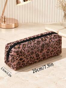 Campus Style Maillard Leopard Print Plush Pencil Case/Stationery Storage Bag - Multi-Functional Large Capacity Design, Suitable For Storing Office Supplies, Creative Multi-Purpose Pen Holder Or Portable Travel Makeup Bag, Ideal For Students And Adults Daily Use. Leopard Print Direction And Density Random - Multicolor - View 7