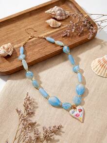 1pc Women's Y2K Bohemian Beaded Heart Pendant Necklace, Hand-Painted Evil Eye Floral Clavicle Chain, Aesthetic Jewelry Gift - Multicolor - View 3