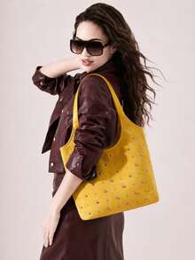 Women Shoulder Tote Bag,Plain Soft Suede Fabric,All‑Over Metal Stud Decoration & Wide Straps,Large Capacity,Retro Style For Work Shopping Daily Outing - Multicolor - View 8