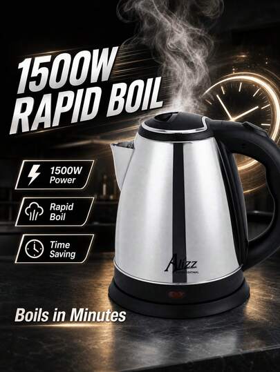 SMEGGEMS Hervidor eléctrico de acero inoxidable de 2L, hervidor inalámbrico de ebullición rápida de 1500W, apagado automático y protección contra ebullición en seco, base giratoria de 360°, hervidor de agua para beber diario en el hogar, cocina y oficina