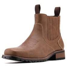 Vintage Western Style Men's Cowboy Chelsea Boots, Square Toe Elastic Slip-On Short Ankle Boots With Chunky Heel - Brown - View 1
