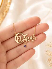 Personalized Gothic Custom Name Necklace, Halloween Bat & Moon Pendant, Customized Birthstone Gift - Multicolor - View 13