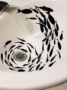 A Minimalist Black Fish School Silhouette Sticker, Featuring Abstract Aquatic Design, Perfect For Enhancing The Fashionable Artistic Atmosphere Of Modern Home Interior And Natural Themed Decor Areas - D - View 1