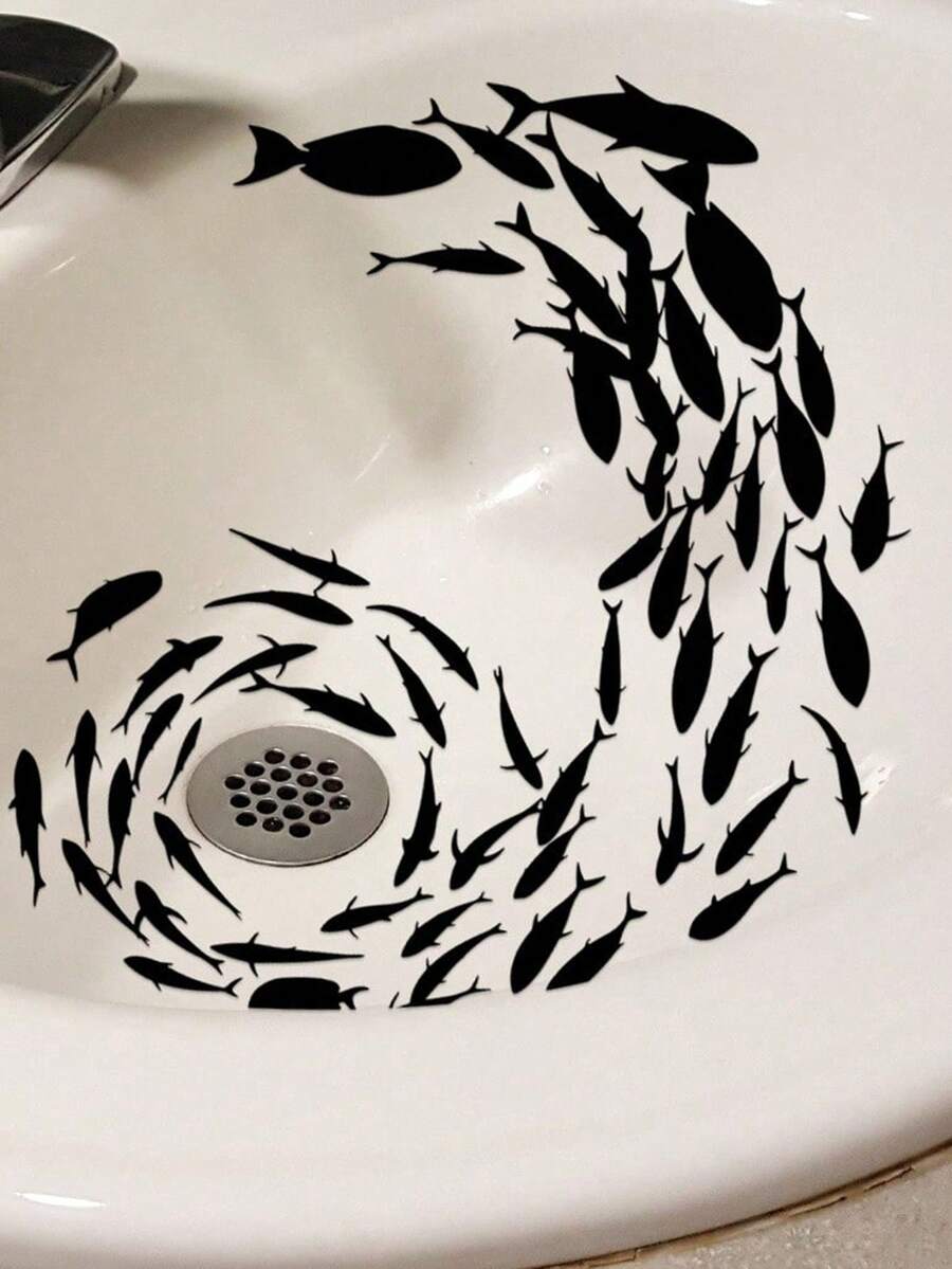 A Minimalist Black Fish School Silhouette Sticker, Featuring Abstract Aquatic Design, Perfect For Enhancing The Fashionable Artistic Atmosphere Of Modern Home Interior And Natural Themed Decor Areas - D - View 1