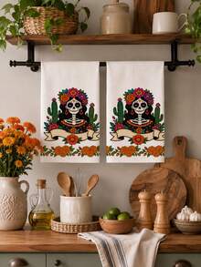 2pcs/4pcs Day Of The Dead Sugar Skull Girl Print Kitchen Towels, Floral Cactus Pattern Dish Cloths, Multi-Purpose Household Cleaning Rags, Holiday Decor Practical Gift - Multicolor - View 2