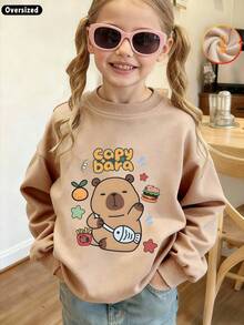 Autumn Girls Crew Neck Long Sleeve Sweatshirt With Cute Cartoon Bear Print Featuring Capybara, Orange, Burger, Fries And Fish Bone Decoration - Apricot - View 4