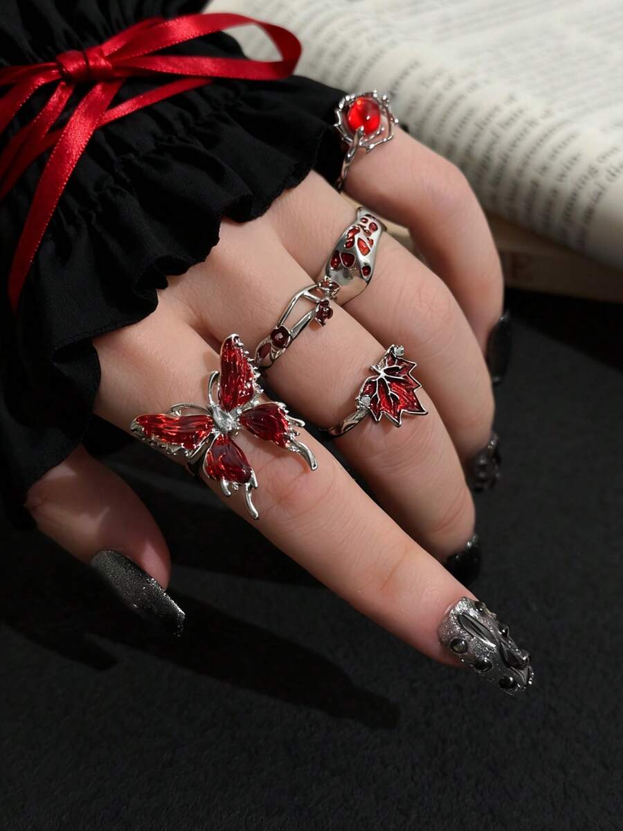 5PCS Dark Gothic Burgundy Butterfly Maple Leaf Rings, Vintage Red Enamel Rhinestone Stackable Ring Set For Women - Silver - View 1