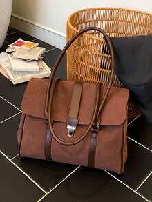 女款 Satchel 手提托特包，純色麂皮 PU 拼接材質，金屬鎖扣，長頂部手柄，大容量，復古風，適合辦公工作與日常通勤 - 咖啡 - 查看 4