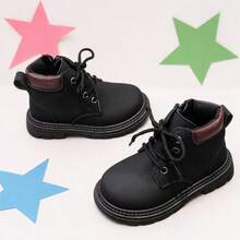 1 Pair Girls' Black Contrast Color Lace-Up Ankle Boots, Suitable For Autumn/Winter Daily School And Outing Wear - Black - View 4