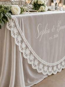 Custom Wedding Tablecloth With Lace Trim, Personalized Mr Mrs Name & Est Date Printed Sweetheart Table Cover, Romantic Swan Pattern Sheer Table Cloth For Bridal Shower Wedding Reception Decor - Multicolor - View 4
