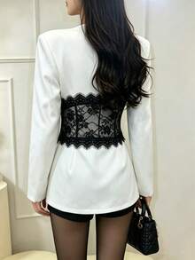 Fashionable Women's White Long Sleeve Blazer, Deep V-Neck, Decorated With Exquisite Black Lace Patchwork, Suitable For Daily Commute And Office Wear - White - View 11