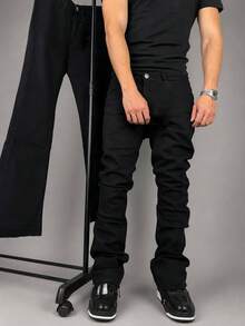Pure Black Vintage Denim Jeans, Distressed Frayed Hem Flared Leg Slimming Long Pants For Men, Street Style Casual Daily Commute Flared Denim Jeans, All-Season Versatile Denim Long Pants - Black - View 2