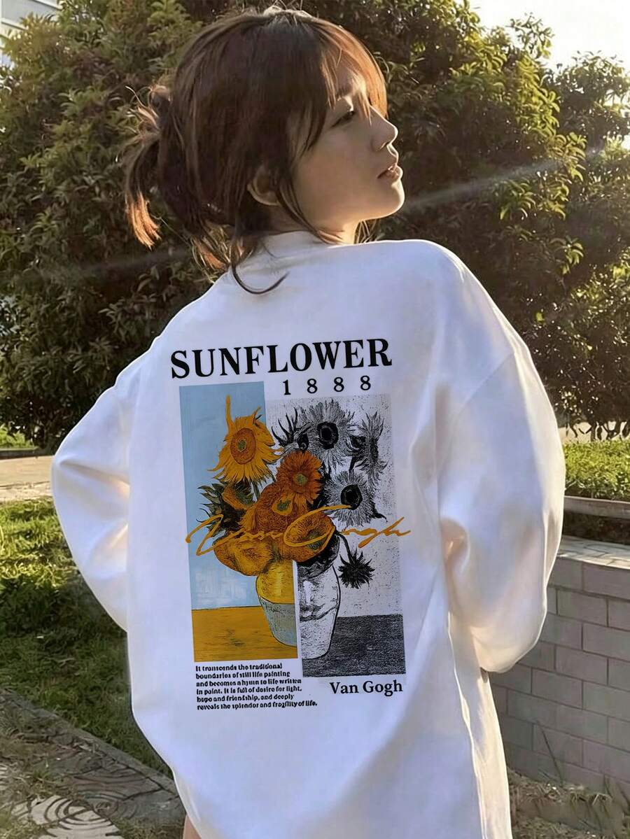 Women's Fashion Autumn/Winter Loose Versatile Letter & Sunflower Print Long Sleeve T-Shirt Casual - White - View 1