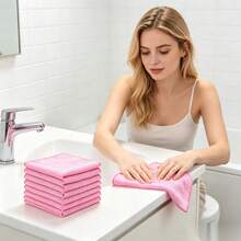 10pcsMicrofiber Cleaning Cloths, Reusable Absorbent Kitchen Dish Towels, Multi‑Purpose Household Cleaning Rags For Countertop Glass Table Washing, Soft Lint‑Free Small Cleaning Towels - Pink - View 9