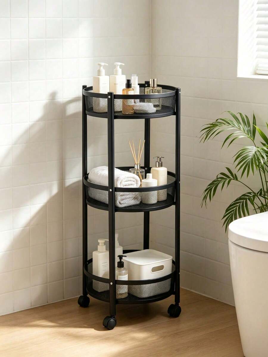 3‑Tier Rotating Rolling Storage Cart, Metal Utility Organizer Trolley With Universal Wheels, Space‑Saving Multi‑Purpose Storage Rack For Kitchen Living Room Apartment Small Spaces, Ideal For Families & Renters - Multicolor - View 1