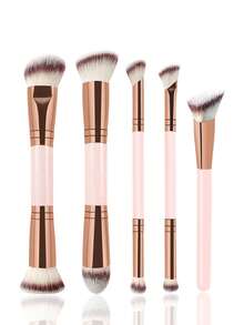 5pcs Dual-Ended Makeup Brush Set, Soft Fluffy Synthetic Bristles, Multi-Function Face & Eye Makeup Brushes For Foundation, Blush, Contour, Concealer, Eyeshadow, Powder Gold Handle Beauty Tools, Beginner Friendly - Pink - View 1