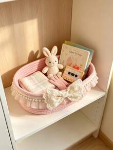 1pc Pink Pearl Bow Storage Basket - Lace Trim And Pearl Bow Baby Supplies Storage Box, Suitable For Girls Room Decor And Baby Daily Items Storage - Multicolor - View 2