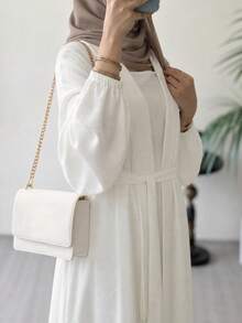 Hafizah Women's Solid Color Kimono Style Arabic Abaya & Long Dress Set, Without Hijab - White - View 1