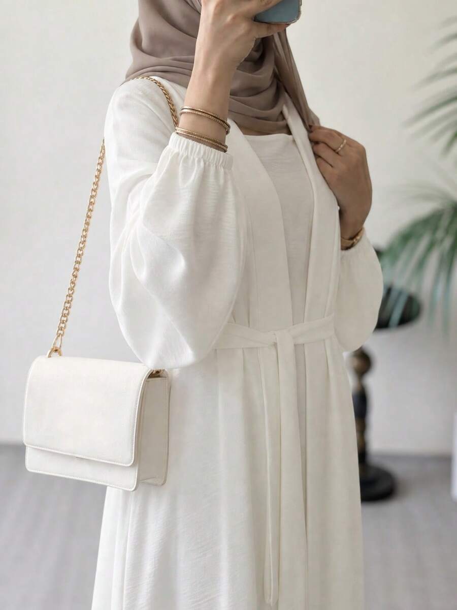 Hafizah Women's Solid Color Kimono Style Arabic Abaya & Long Dress Set, Without Hijab - White - View 1