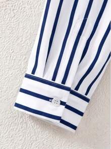 Women's Fashionable Striped Shirt With Lapel Collar, Button Front, Long Sleeves And Regular Hem, Daily Wear, Non-Stretch Polyester Fabric - Navy Blue - View 5