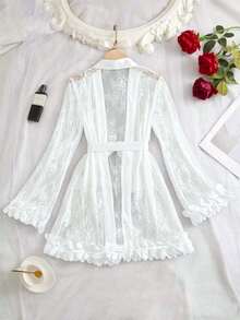 Jubah Lembut Nyaman dengan Hiasan Renda untuk Musim Semi/Panas dan Sabuk, Piyama Pesta Wanita, Jubah Pagi Elegan untuk Semua Musim - Putih - View 3