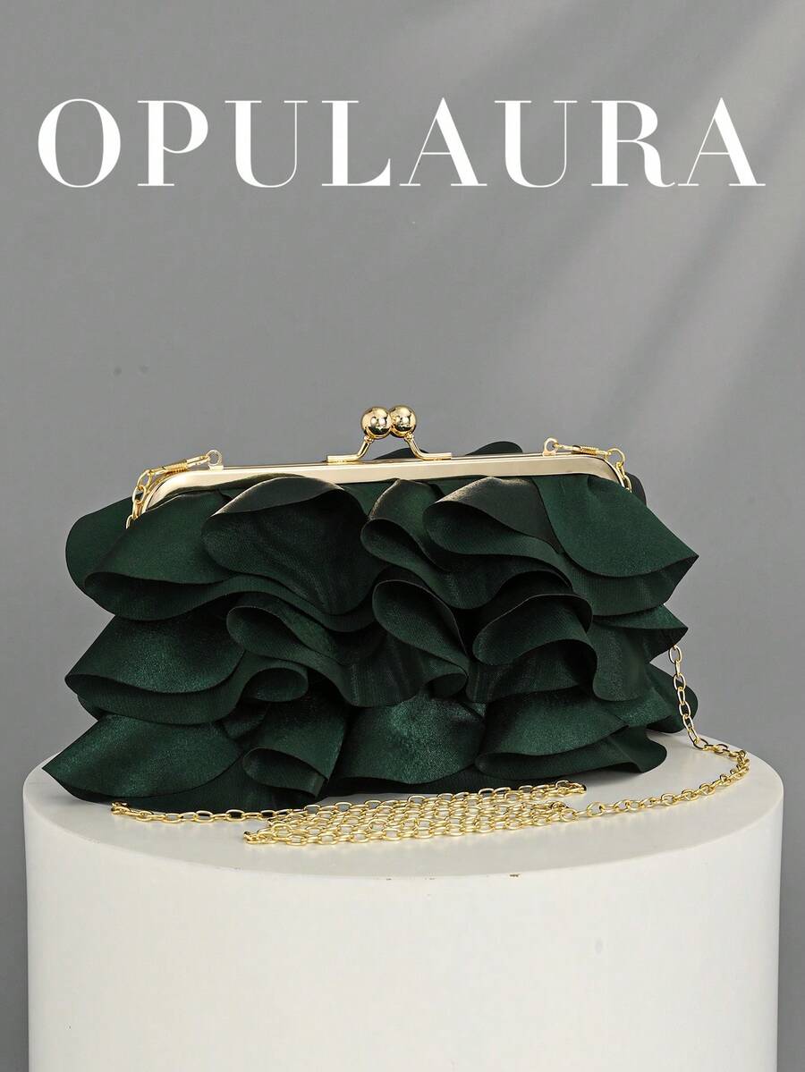 OpulAura 女士优雅迷人花瓣宴会手拿包，荷叶边设计晚礼服手提包，适合婚礼/度假/正式派对/舞会，配有链条 - 綠色 - 查看 1