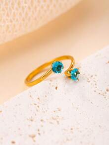 1/5pcs Double Colorful Rhinestone Open Ring For Women, Minimalist High-End Stainless Steel Non-Fading Zirconia Thin Ring, Stackable Decorative Finger Ring, Holiday Gift, Daily Commute Jewelry - Gold - View 7